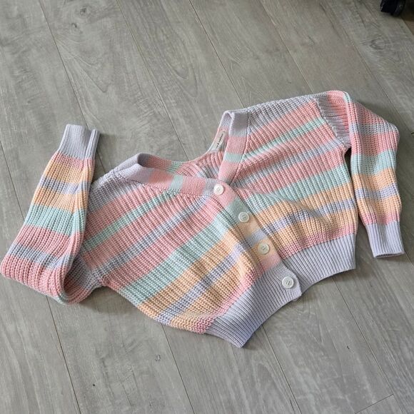 Striped Pastel Button Front Cardigan Sweater Small Knit Cozy - Picture 1 of 6
